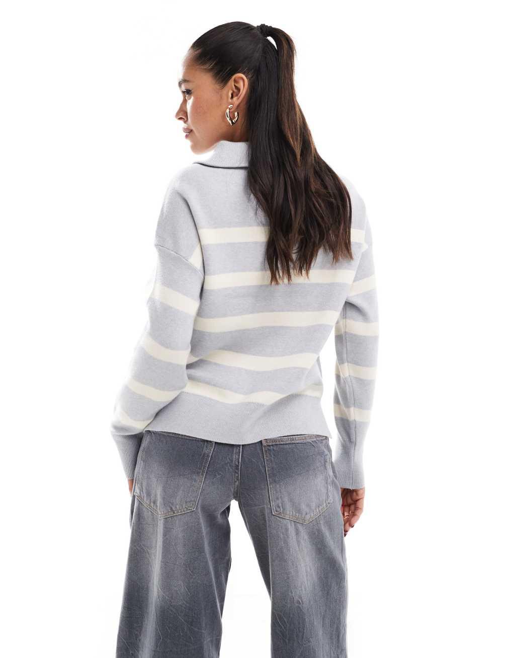Vero Moda zip through sweater in light gray with cream stripes Product Image