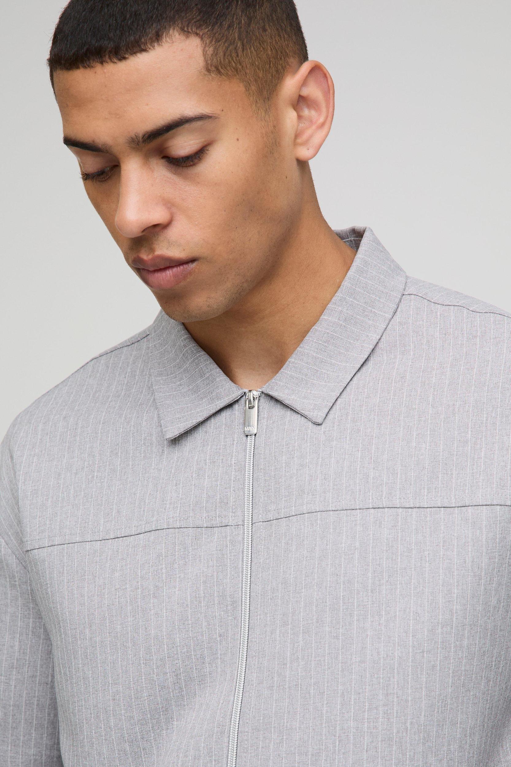 Oversized Short Sleeve Stripe Zip Up Shirt | boohooMAN USA Product Image