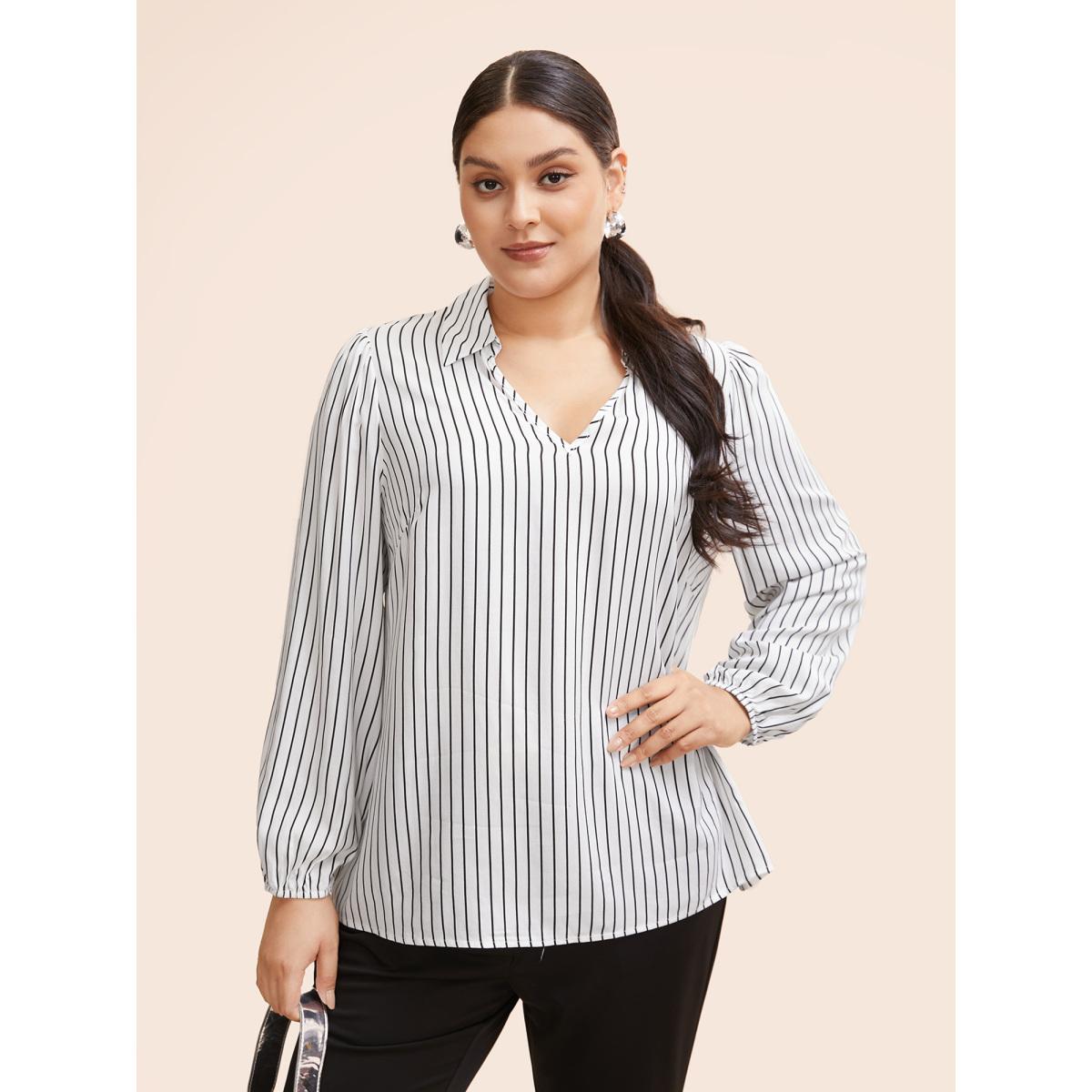 Plus Size WhiteSmoke Striped Lapel Collar Lantern Sleeve Blouse Women Workwear Essentials Long Sleeve V-neck Office Blouses BloomChic 14-16/1X Product Image