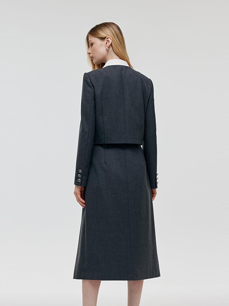 Wool Blend Crop Jacket And A-Line Skirt Two-Piece Set With Leather Bel Product Image