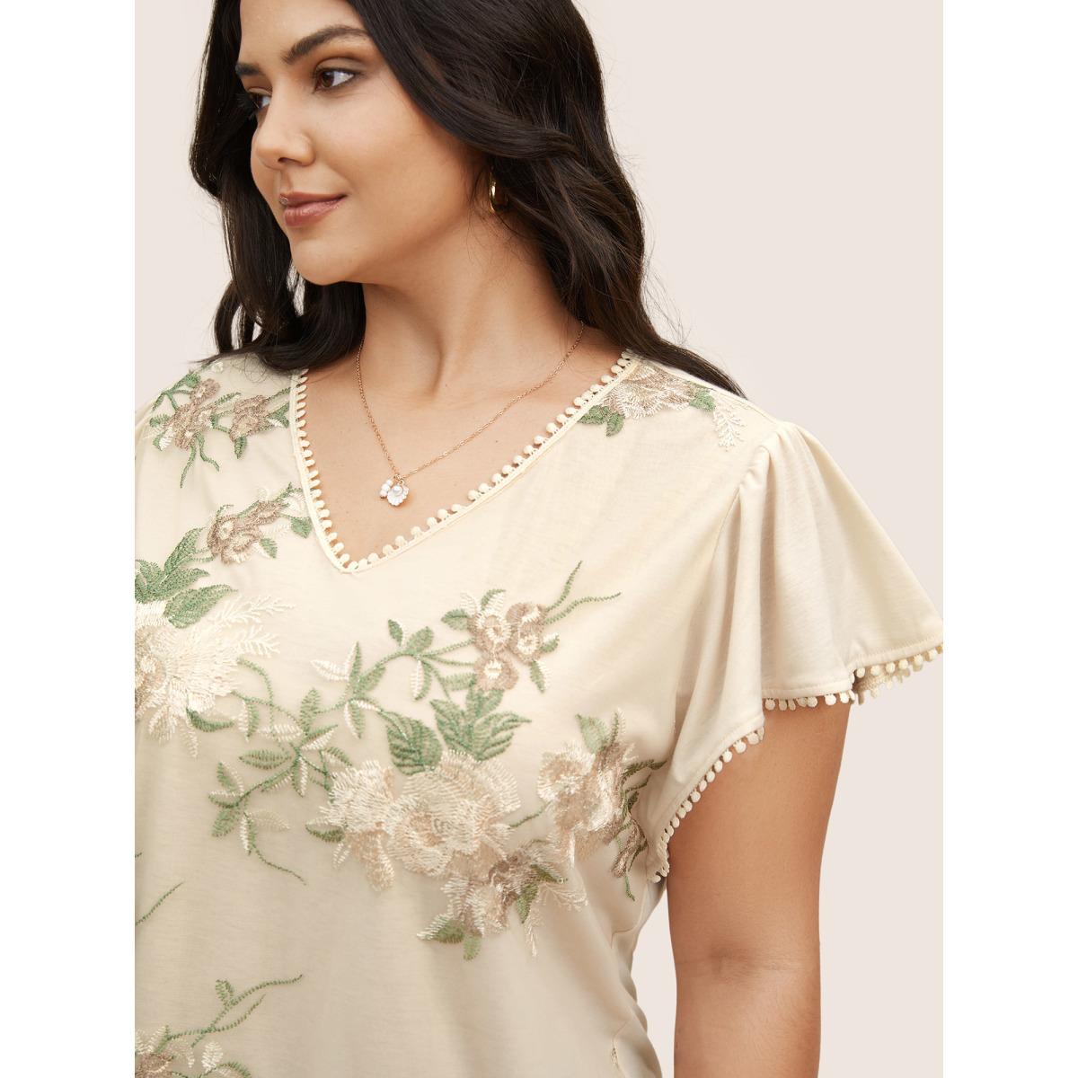 Plus Size Floral Mesh Embroidered Pompom Trim T-shirt Beige Women Elegant Contrast Natural Flowers V-neck Everyday T-shirts BloomChic 18-20/2X Product Image