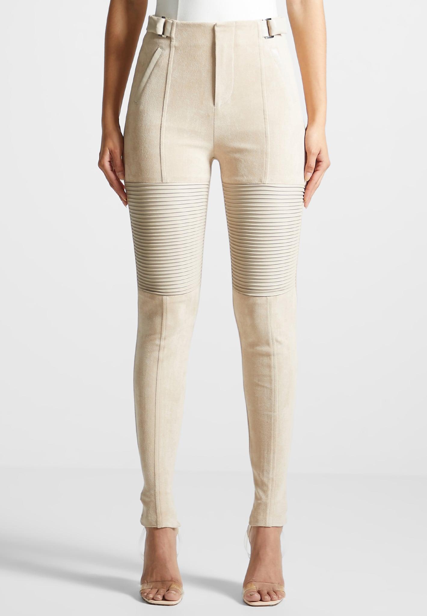 Leather and Suede Ribbed Leggings - Beige Female Product Image