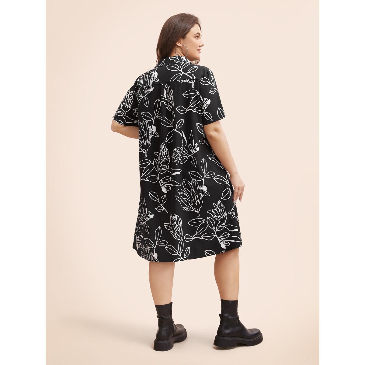 Plus Size Floral Shirt Collar Button Up Dress Black Women Elegant Button Shirt collar Short sleeve Curvy BloomChic 30/6X Product Image