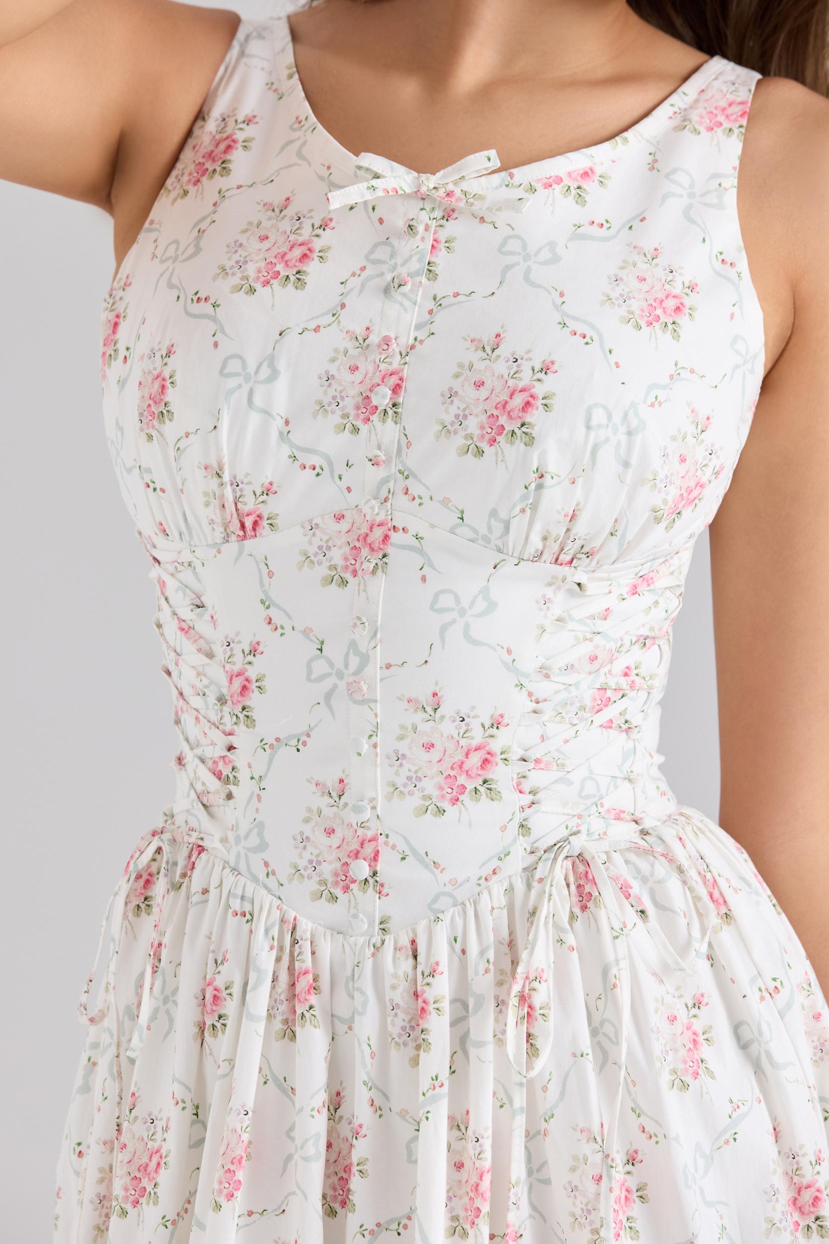 Sienna  rose print stretch cotton lace up midi dress Product Image