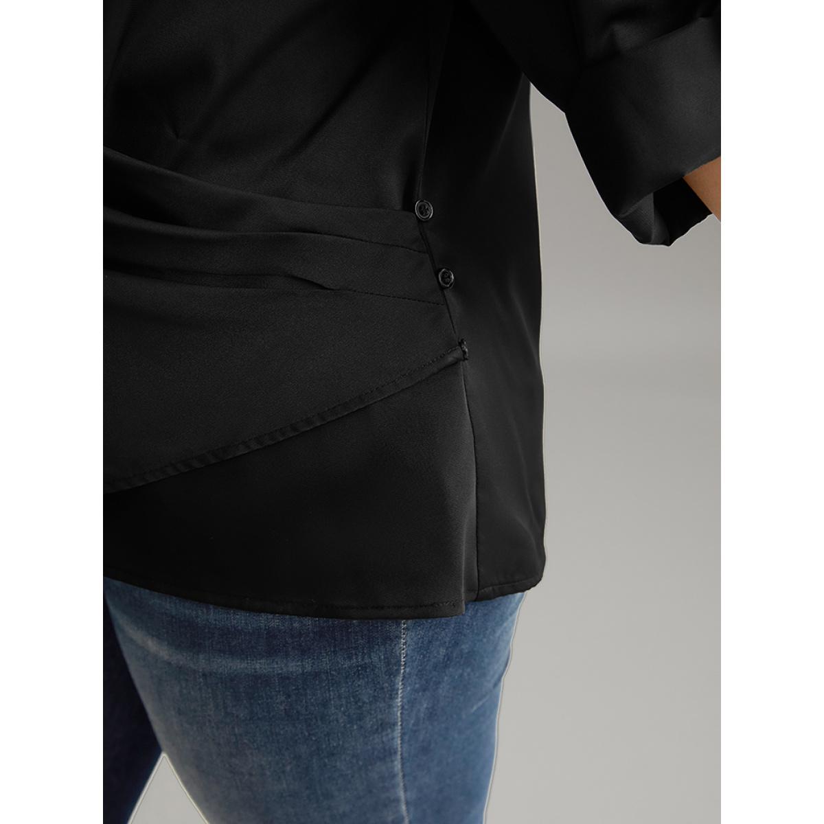Plus Size Black Plain Tab Sleeve Wrap Pleated Blouse Women Work From Home Long Sleeve V-neck Office Blouses BloomChic 26/4X Product Image