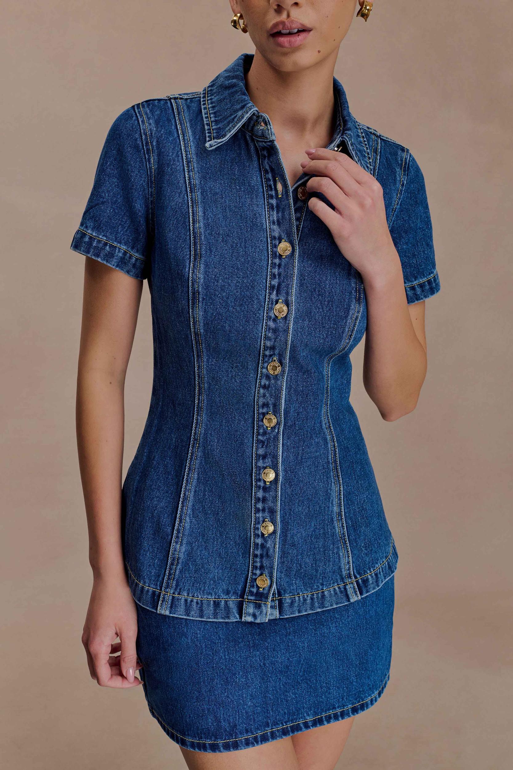 Ellie Denim Short Sleeve Top - Dark Blue Product Image