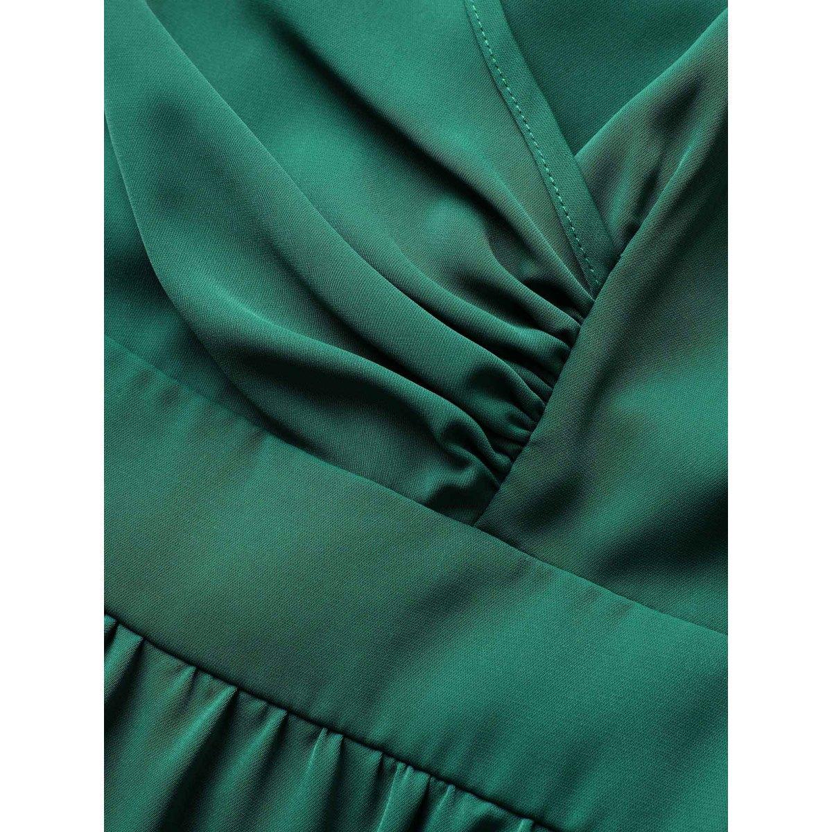 Plus Size Overlap Collar Ruffle Cap Sleeve Gathered Dress Emerald Women Elegant Non Overlap Collar Cap Sleeve Curvy Midi Dress BloomChic 14-16/1X Product Image