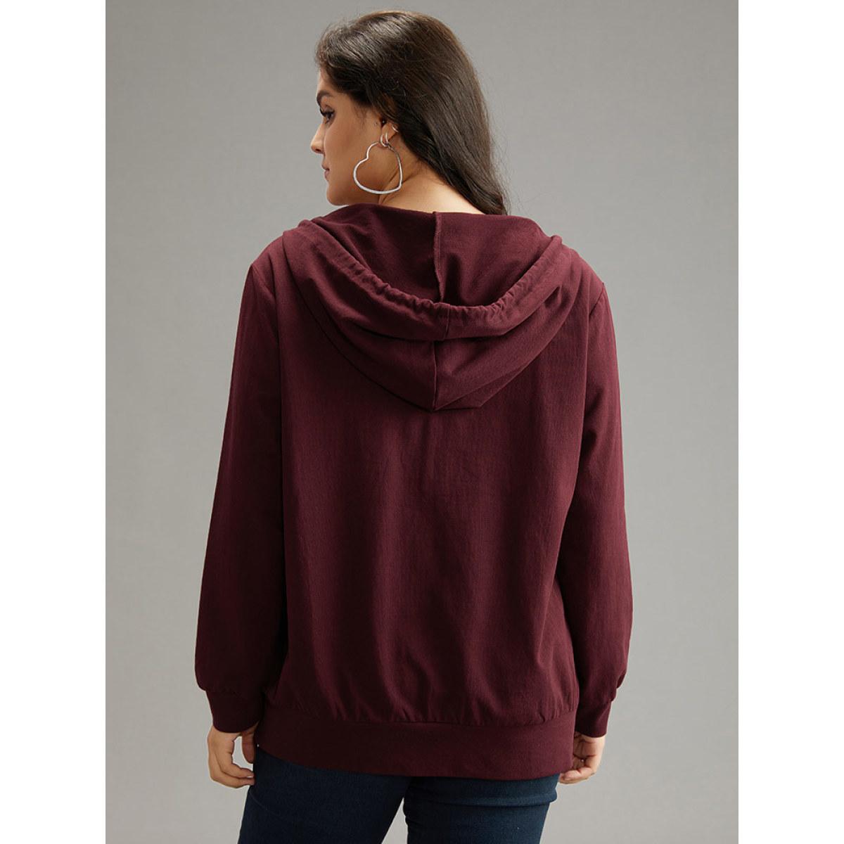 Plus Size Cotton Hooded Drawstring Sweatshirt Women Burgundy Elegant Wrap Hooded Dailywear Sweatshirts BloomChic 28/5X Product Image