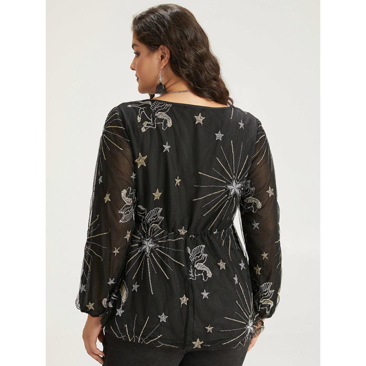 Plus Size Black Halloween Star Elastic Waist Mesh Patchwork Lantern Sleeve Blouses Women Elegant Long Sleeve Round Neck Festival-Halloween Blouses BloomChic 10/M Product Image