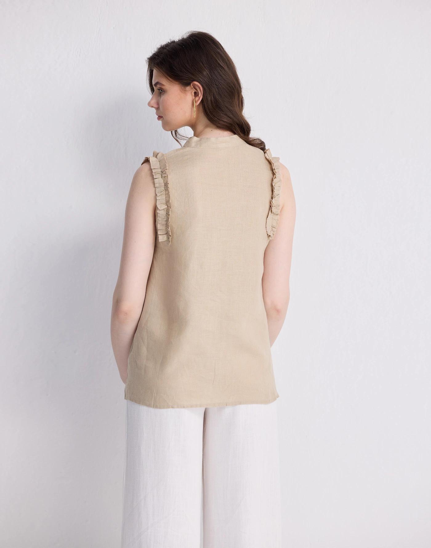 Reistor® Sleeveless 100% Hemp Top with Ruffles in Neutral Beige Product Image