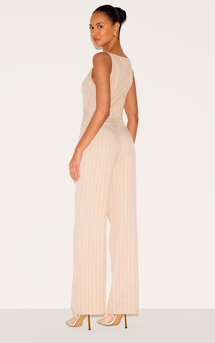 Stone Pinstripe Linen Button Down Peplum Hem Jumpsuit Product Image