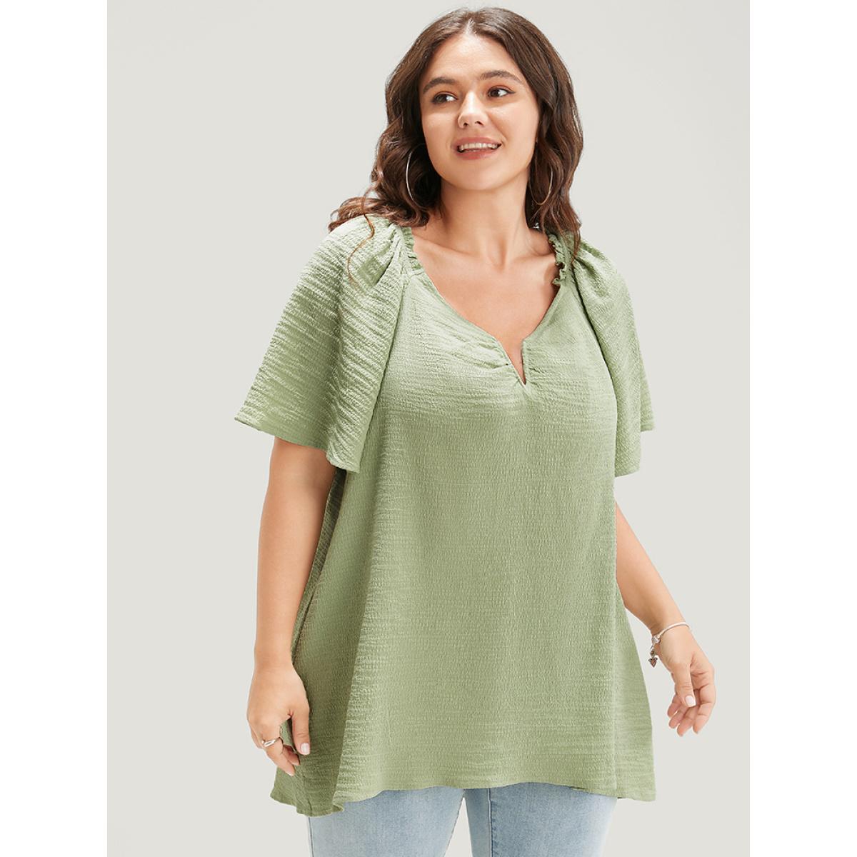 Plus Size Green Plain Notched High Low Hem Ruffle Sleeve Frill Trim Blouse Women Elegant Short sleeve V-neck Dailywear Blouses BloomChic 14-16/1X Product Image