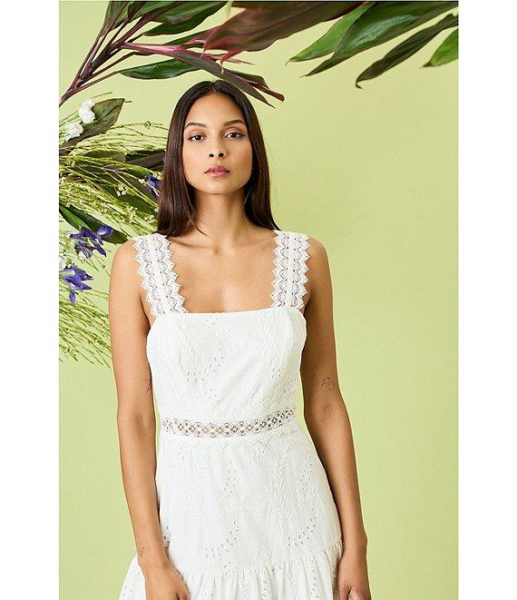 Donna Morgan Eyelet Square Neck Sleeve Lace Trim Blouson Midi Dress Product Image