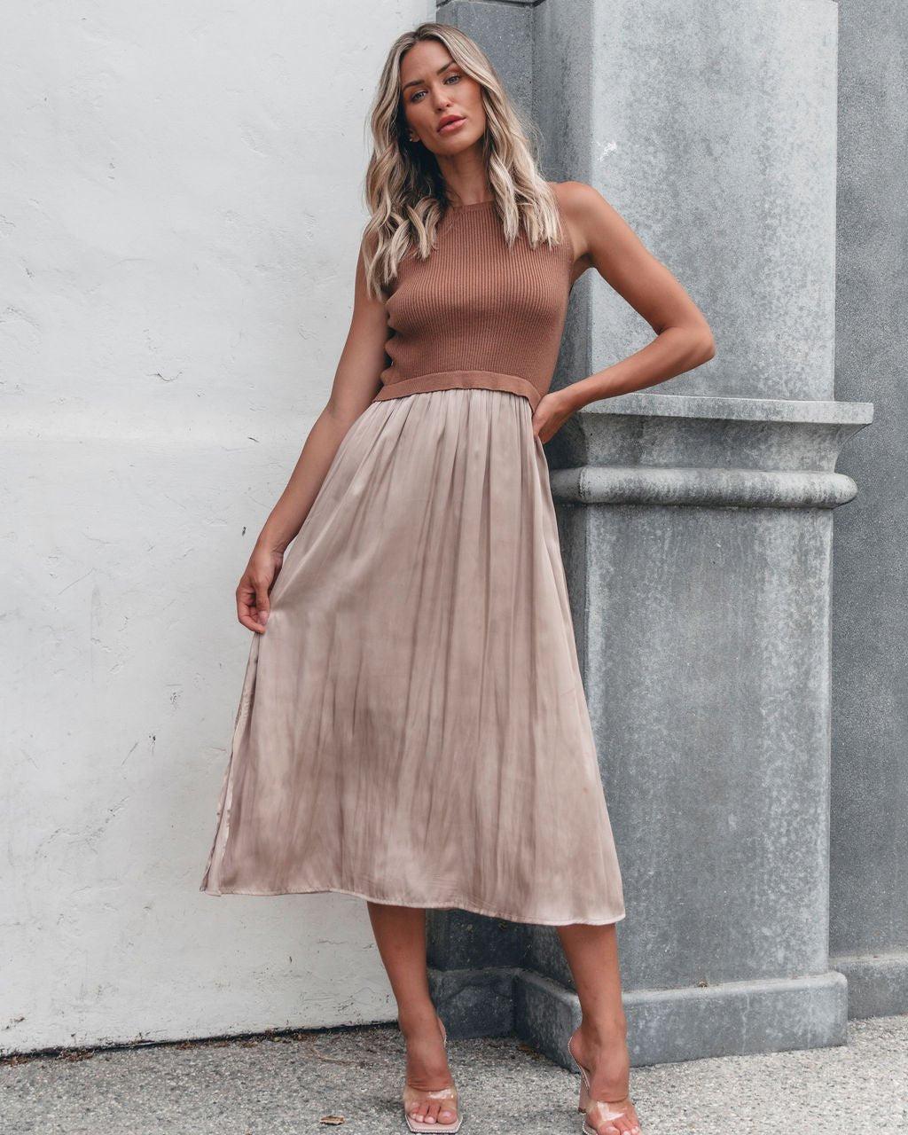 Sleeveless Half Sweater and Satin Skirt Midi Dress - Mocha Female Product Image