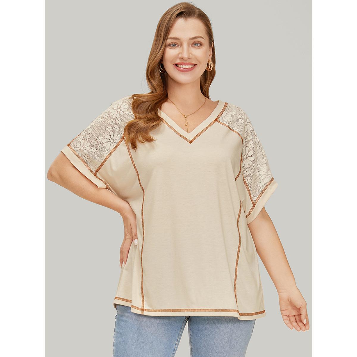 Plus Size Floral Lace Insert Stitch Trim T-shirt Beige Women Elegant Plain V-neck Dailywear T-shirts BloomChic 28/5X Product Image