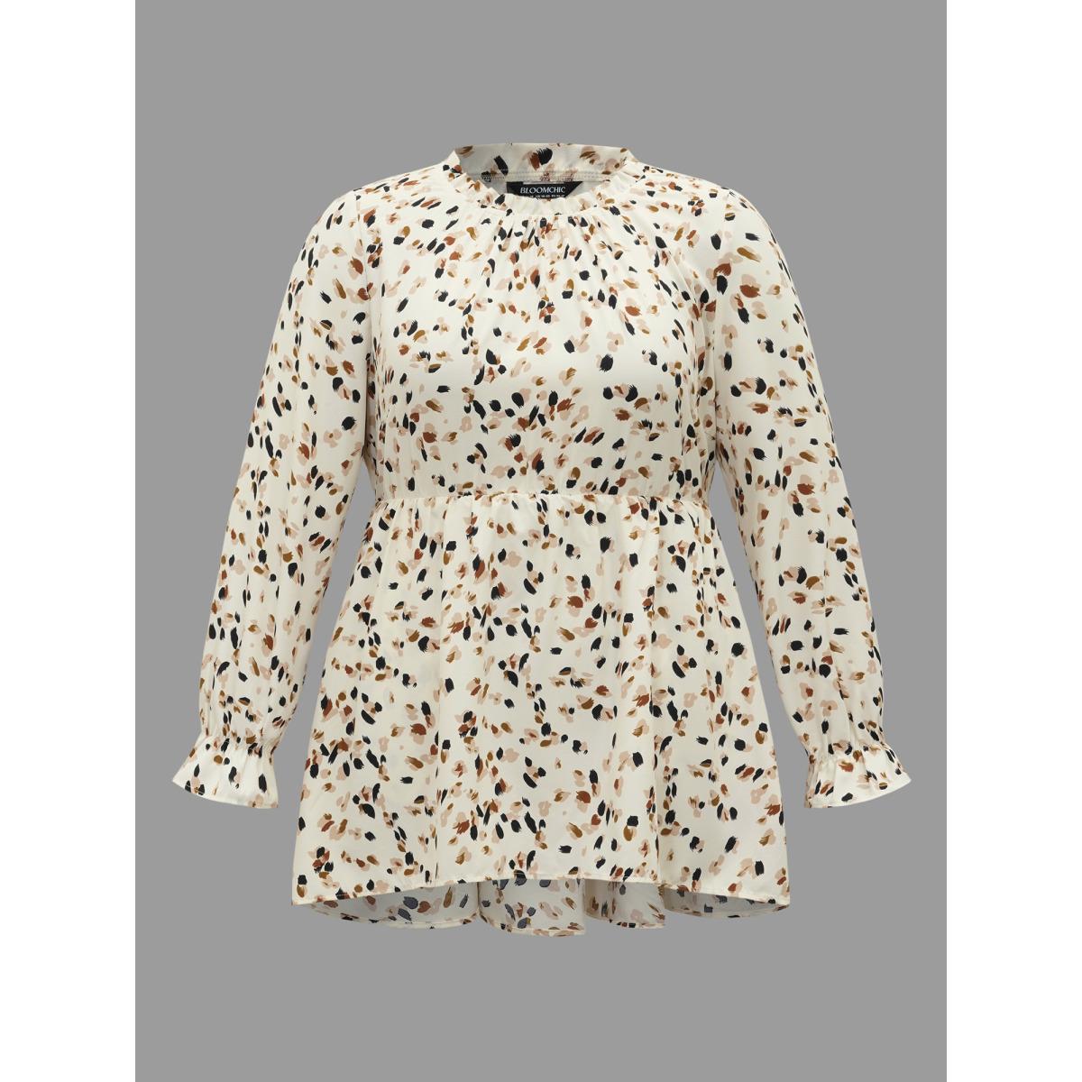 Plus Size Beige Color Leopard Print Frill Trim Blouse Women Elegant Long Sleeve Round Neck Everyday Blouses BloomChic 12/L Product Image