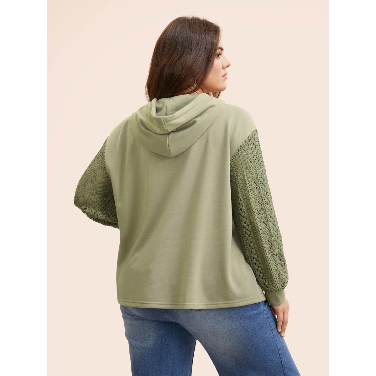 Plus Size Lace Patchwork Hooded Drawstring Sweatshirt Women Sage Casual Patchwork Hooded Everyday Sweatshirts BloomChic 28/5X Product Image