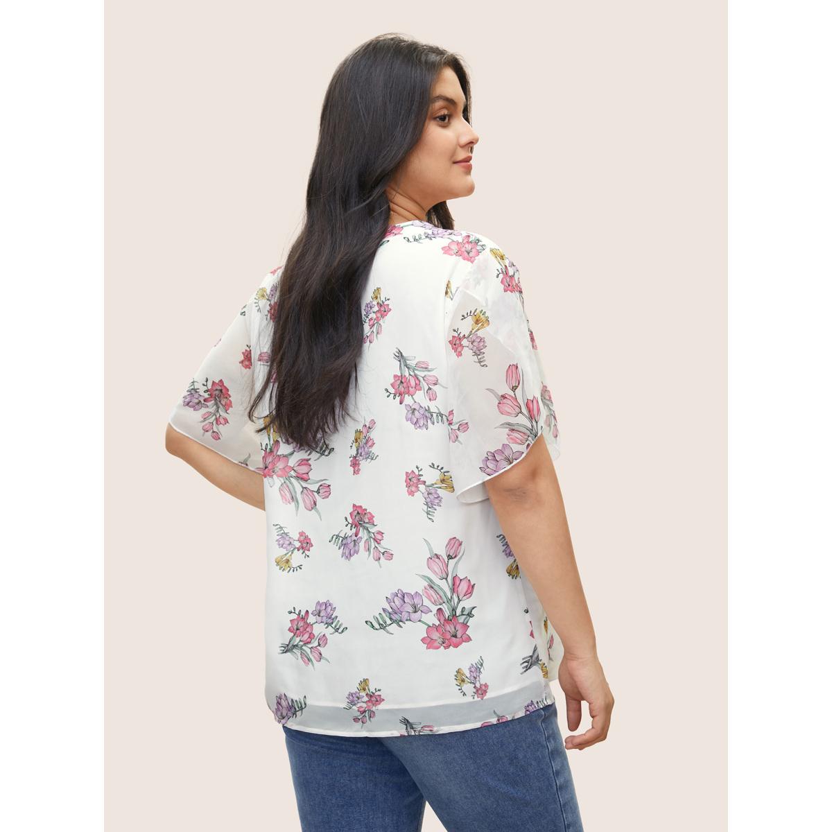 Plus Size White Floral Notched Mesh Petal Sleeve Blouse Women Elegant Everyday Blouses BloomChic 22-24/3X Product Image