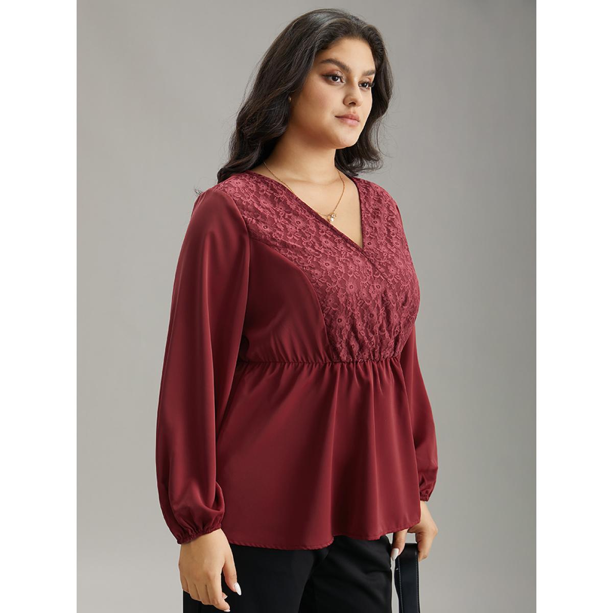 Plus Size Scarlet Static-Free Contrast Lace Lantern Sleeve Blouse Women Office Long Sleeve V-neck Office Blouses BloomChic 30/6X Product Image