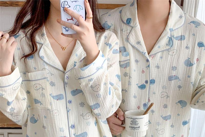 Couple Matching Pajama Set: Long-Sleeve Whale Print Top + Pants Product Image