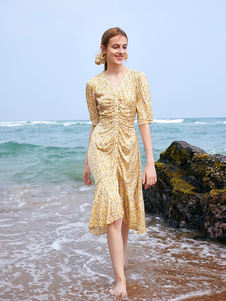 Pleated Fishtail Floral Midi Printed Dress Product Image