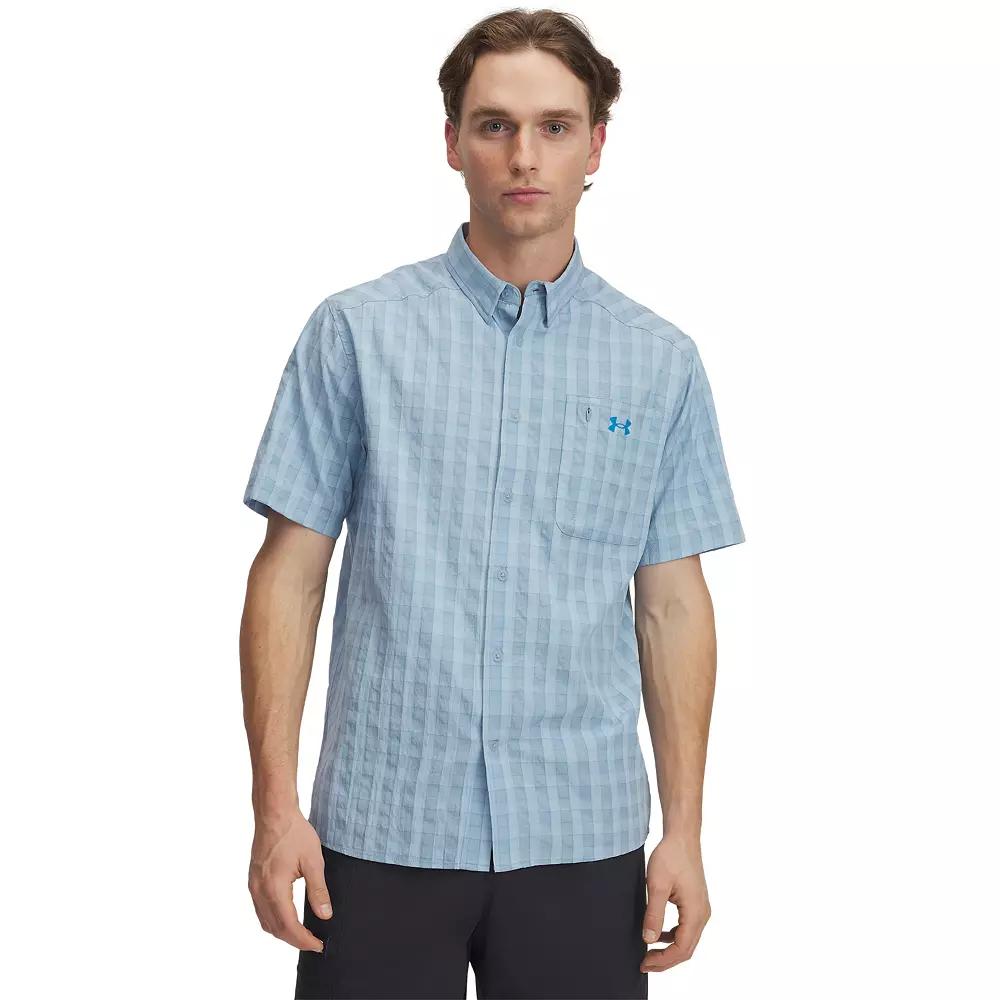 Men's Under Armour UPF 30 Drift Tide 2.0 Plaid Performance Short Sleeve Button-Down Shirt, Size: XL, Harbor Blue Product Image
