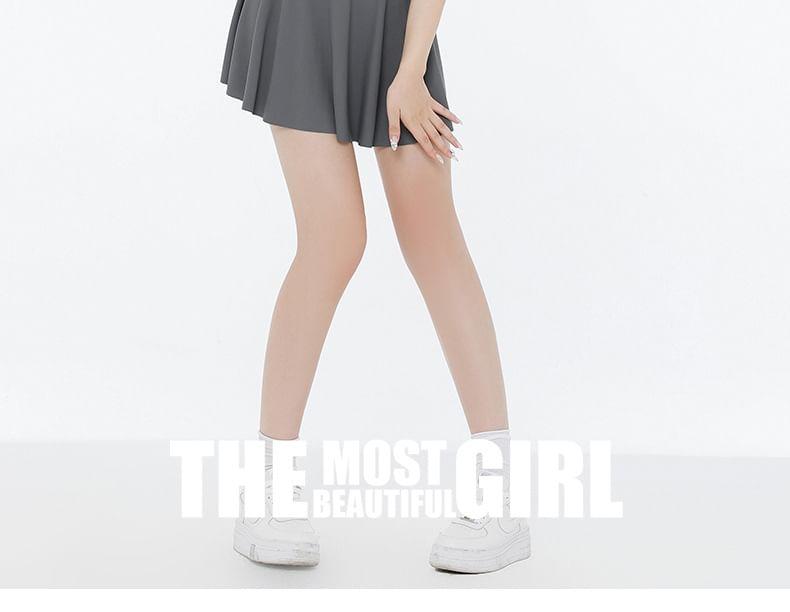 Set: Short-Sleeve Two Tone Knot Crop Swim Top + Skirt + Bikini Bottom Product Image