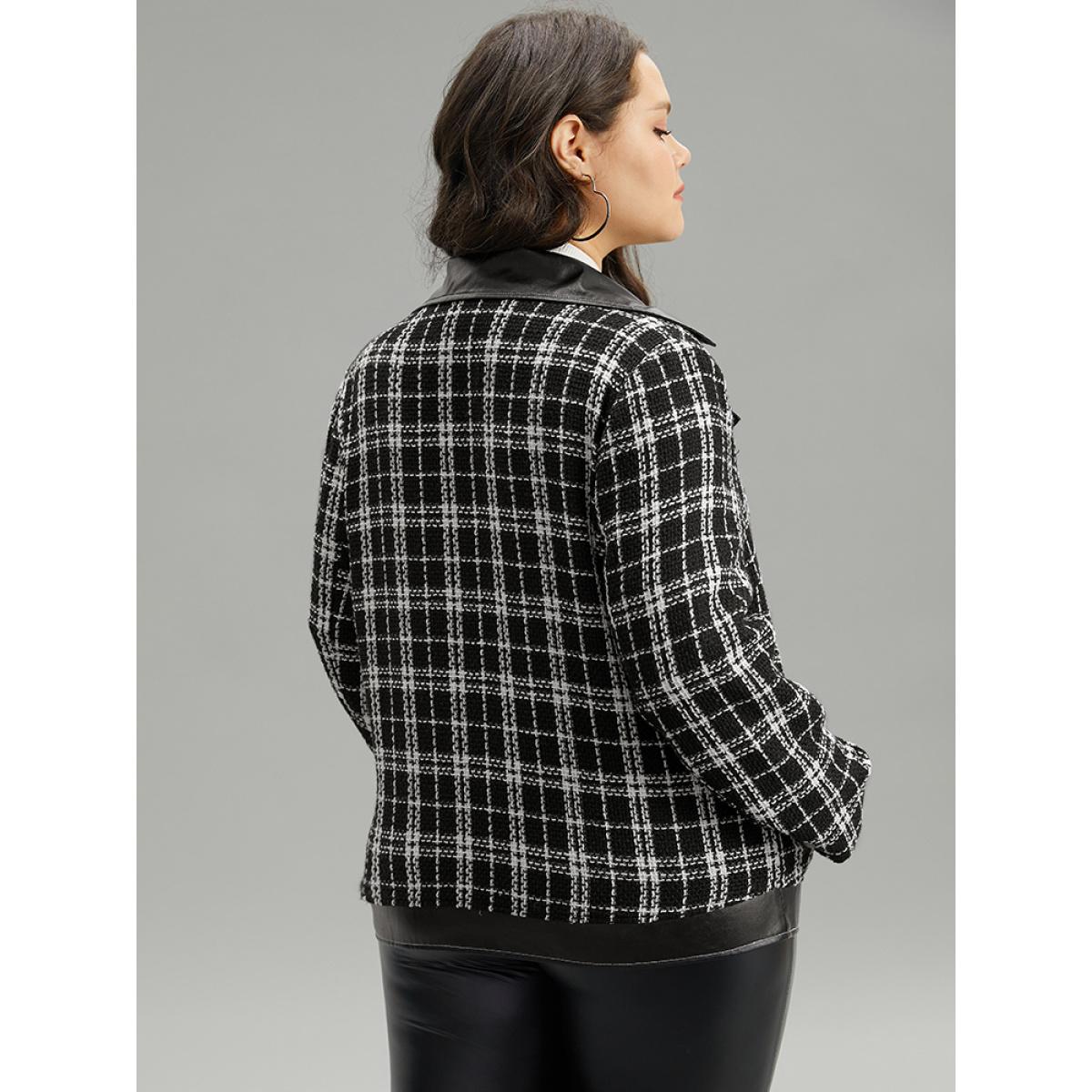 Plus Size Plaid PU Patchwork Zipper Fly Jacket Women Black Contrast Dailywear Jackets BloomChic 18-20/2X Product Image