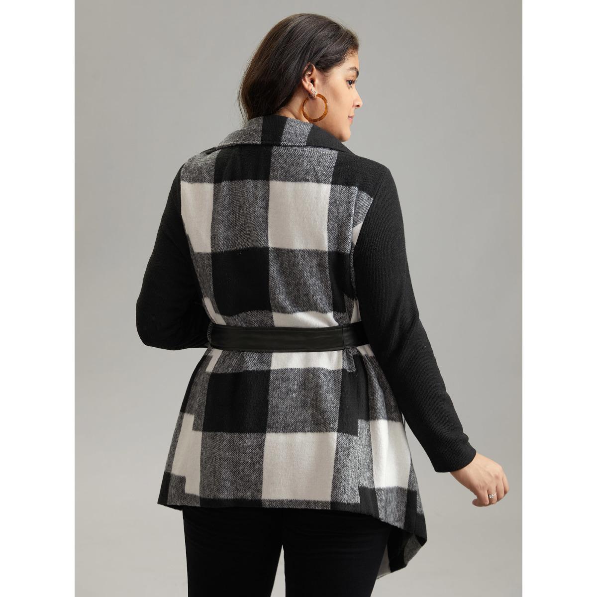 Plus Size Plaid Lapel Collar PU Leather Belted Coat Women Black Casual Belted Ladies Dailywear Winter Coats BloomChic 30/6X Product Image