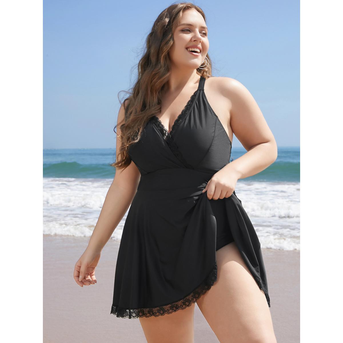 Plus Size Lace Trim Wrap Crossover Back Ruffles Swim Dress Women's Swimwear Black Vacation Bodycon High stretch Curve Swim Dresses BloomChic 28/5X Product Image