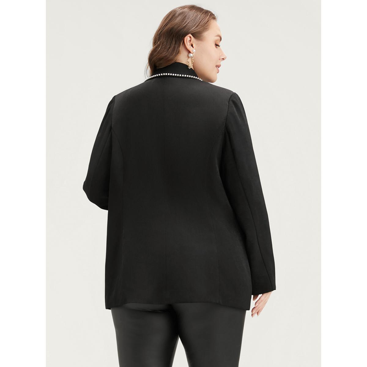 Plus Size Solid Beaded Button Up Flap Pocket Blazer Black Women Office Plain Beaded Sleeve Long Sleeve Suit Collar 10/M Pocket Office Blazers BloomChic Product Image
