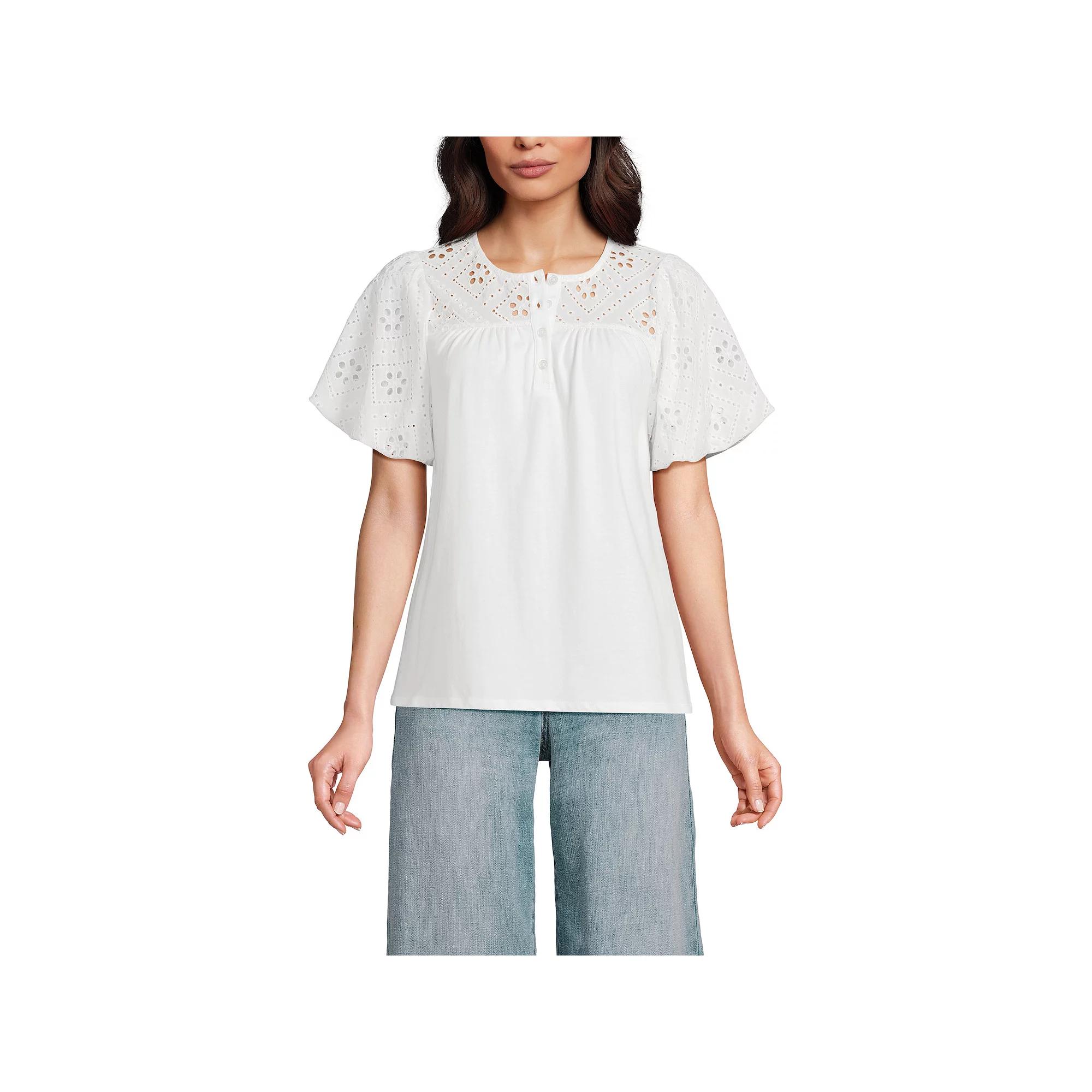 Women's Lands' End Eyelet Crew Puff Sleeve Top,  Product Image