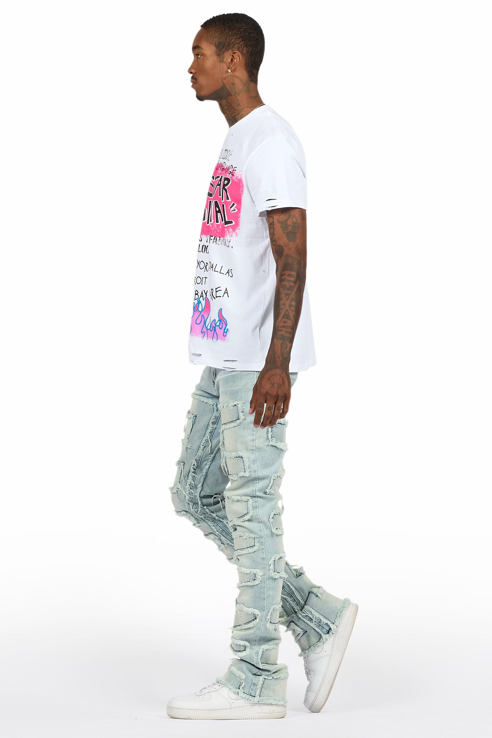 Beno White T-Shirt & Shake Blue Stacked Flare Jean Bundle Male Product Image