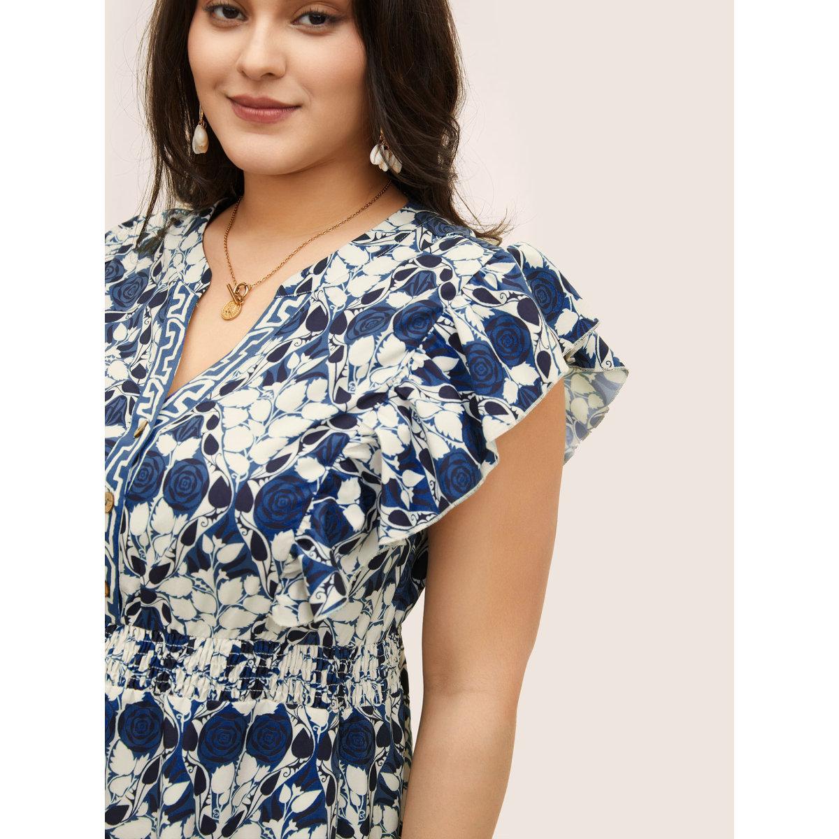 Plus Size Boho Print Ruffles Shirred Pocket Elastic Waist Dress DarkBlue Women Resort Non Notched collar Cap Sleeve Curvy Midi Dress BloomChic 10/M Product Image