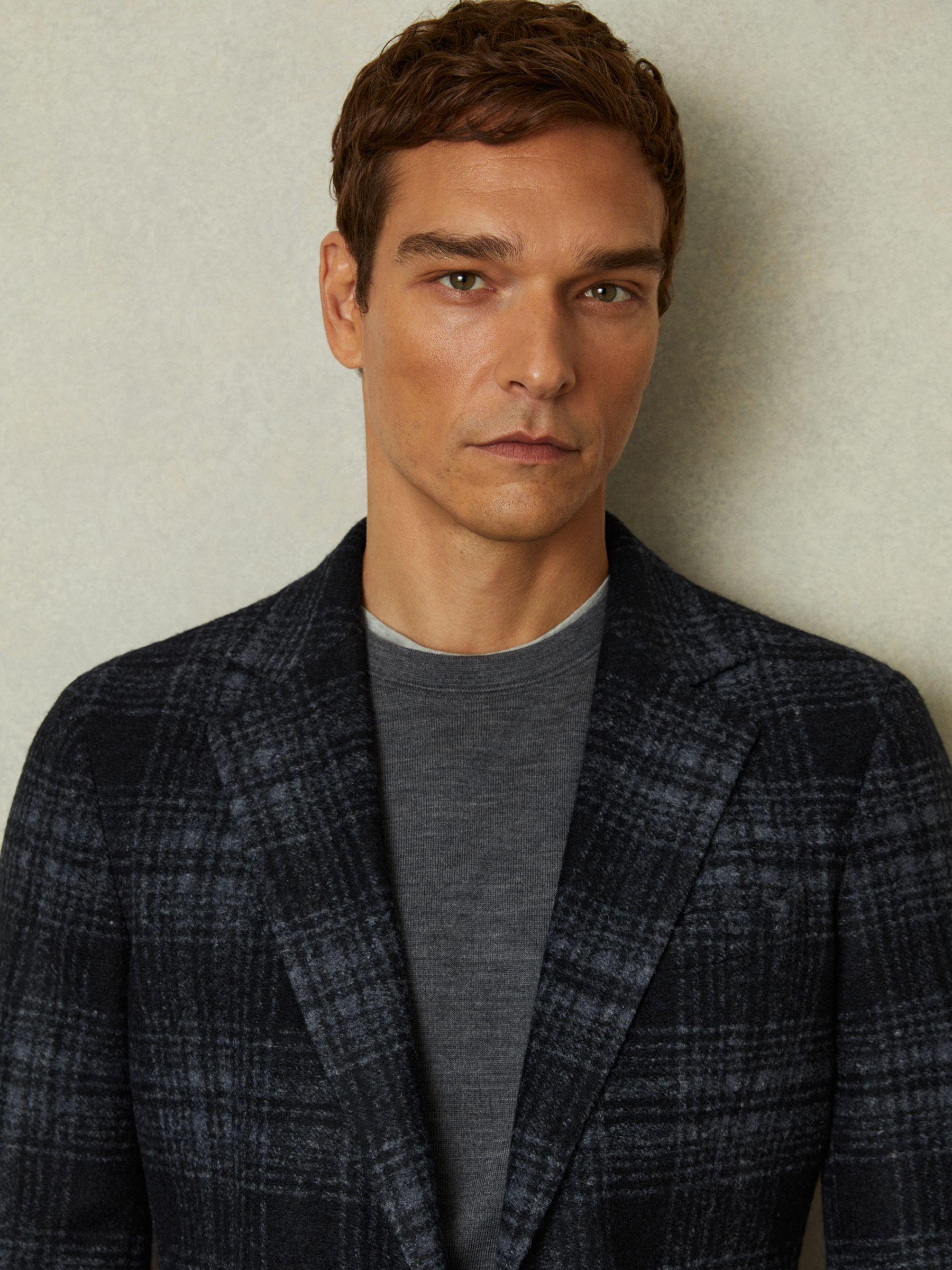 Single Breasted Checked Blazer with Wool in Navy Product Image