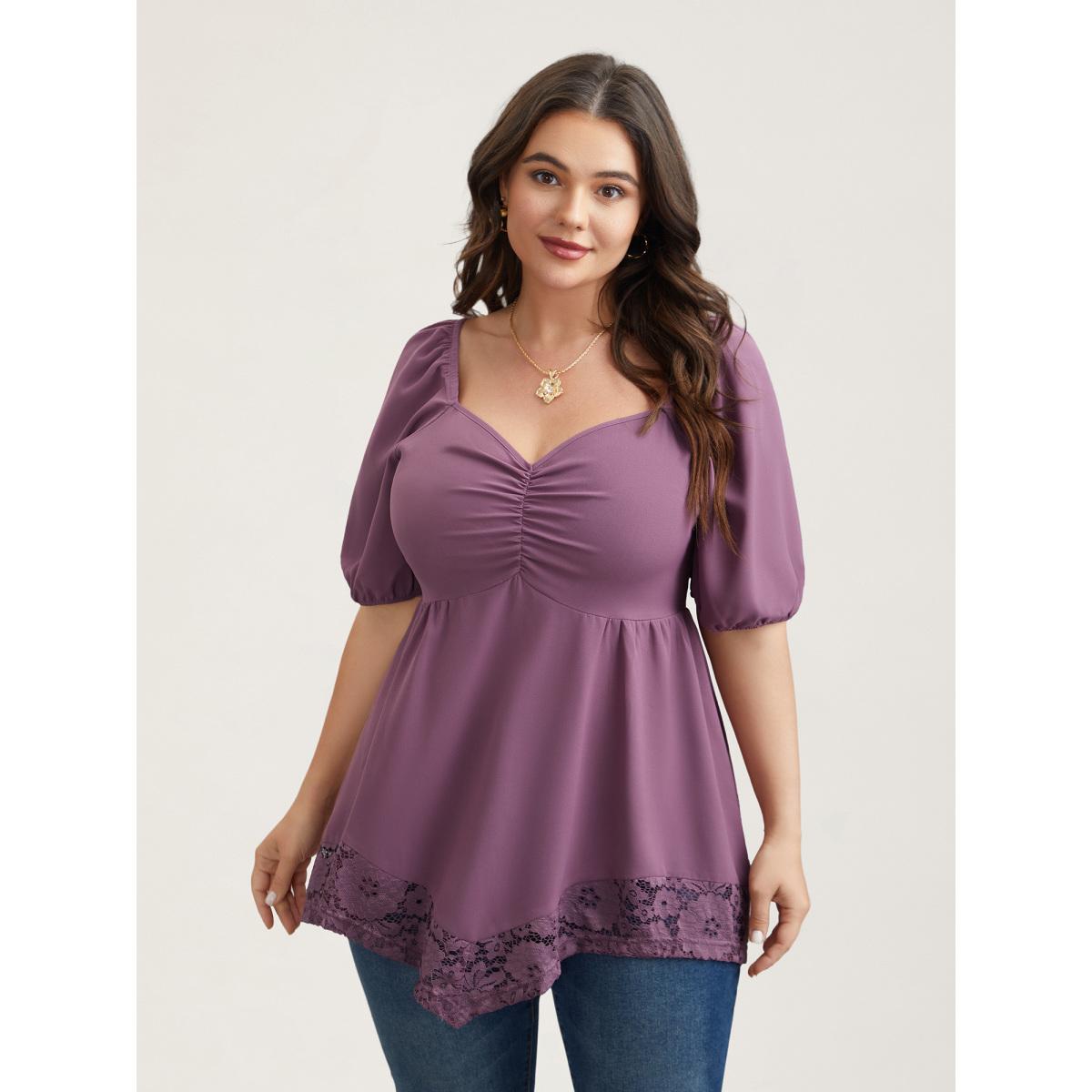 Plus Size Mauve Sweetheart Neck Lace High-Low Hem Shirt Women Romantic Half Sleeve Heart neckline Elegant Blouses BloomChic 14-16/1X Product Image