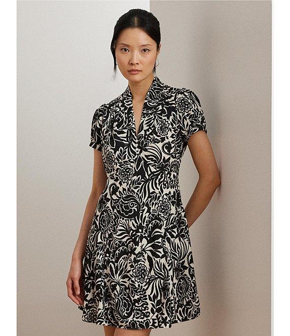 Lauren Ralph Lauren Petite Size Smooth Crepe de Chine Embroidered Floral Deep V-Neck Short Sleeve Empire Waist Dress Product Image