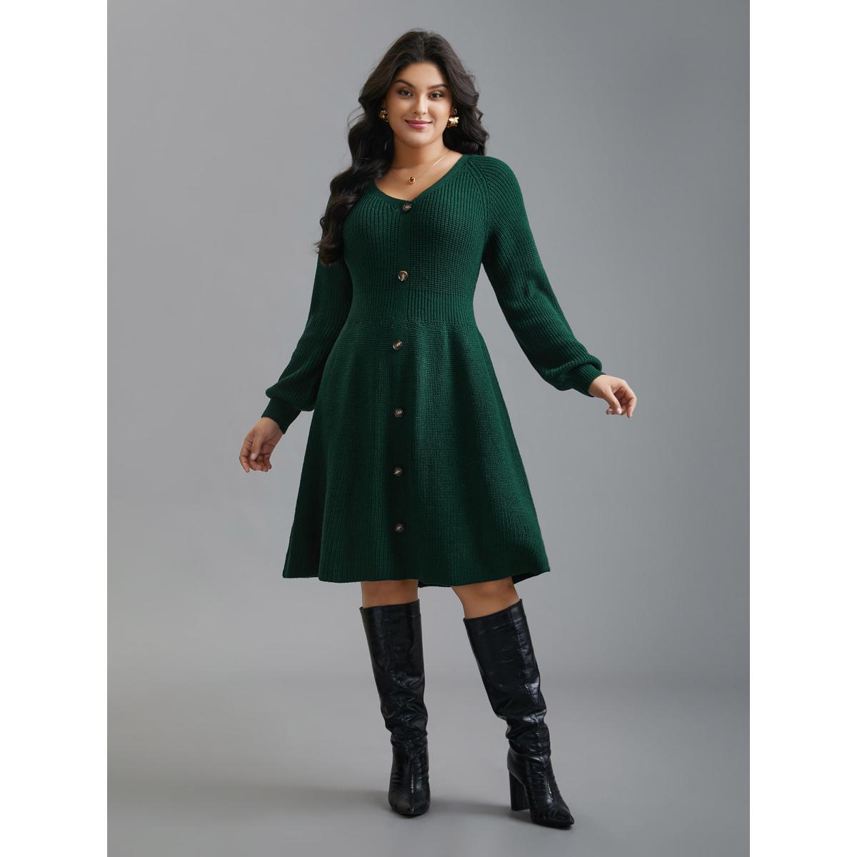 Plus Size Raglan Sleeve Textured Button Detailing Dress DarkGreen Women Elegant Bodycon Long Sleeve Everyday Sweater Dresses BloomChic 28/5X Product Image