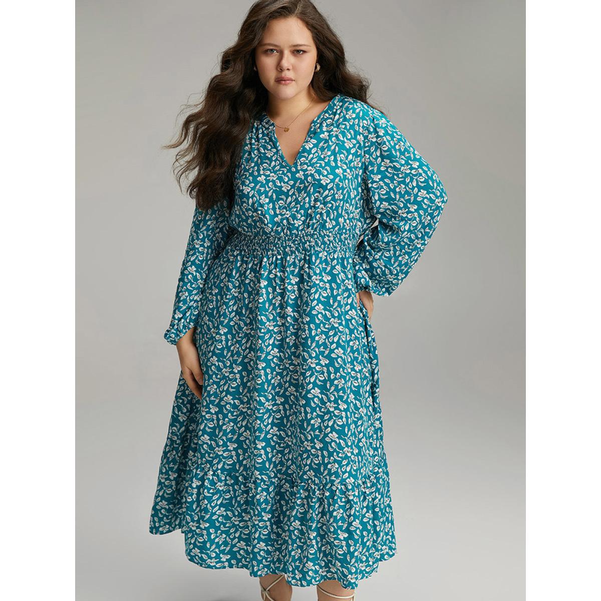 Plus Size Supersoft Essentials Ditsy Floral Shirred Pocket Dress Cerulean Women Elegant Elastic cuffs V-neck Long Sleeve Curvy Midi Dress BloomChic 26/4X Product Image