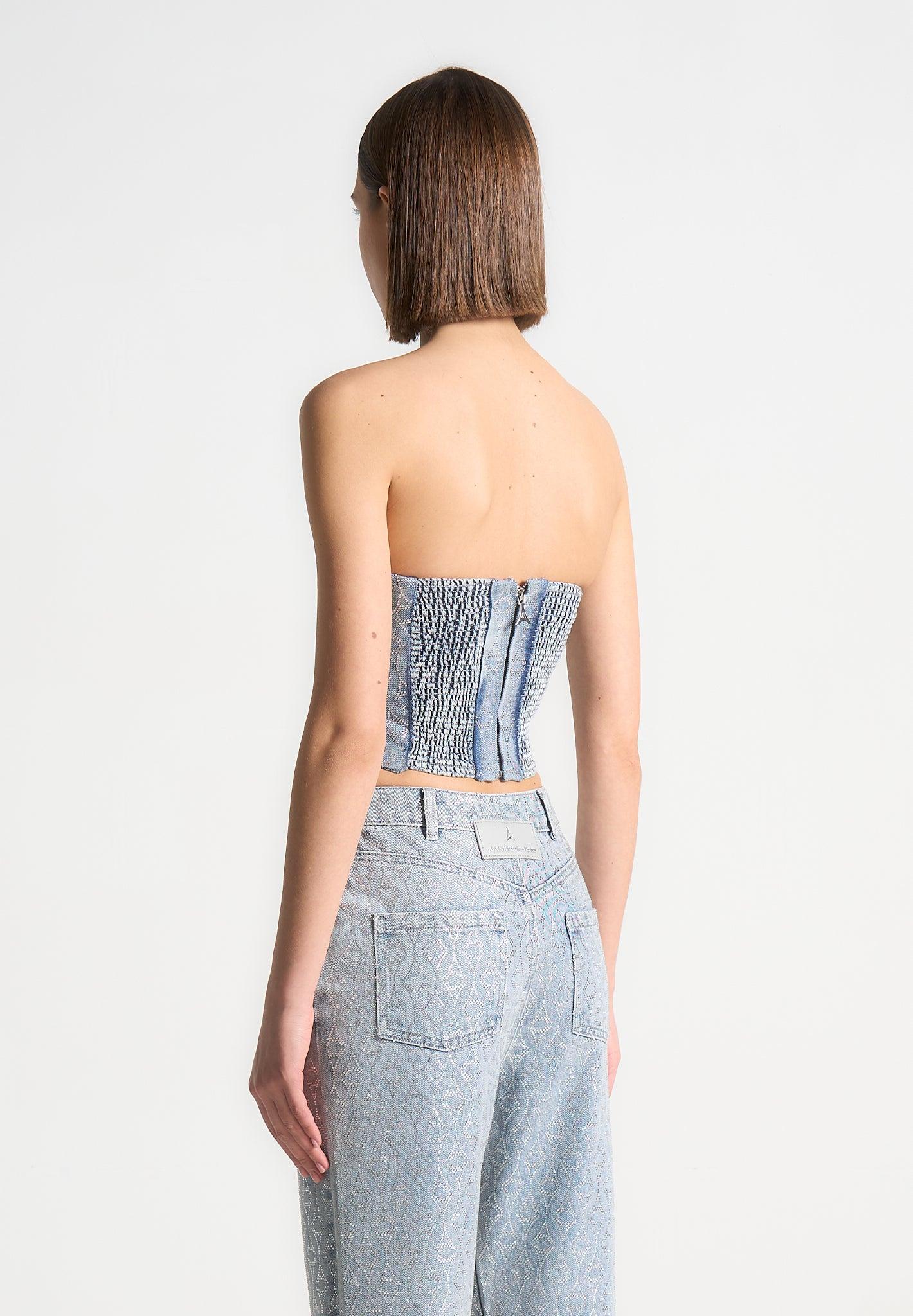 Rhinestone Eiffel Denim Bandeau Corset Top - Mid Blue Female Product Image