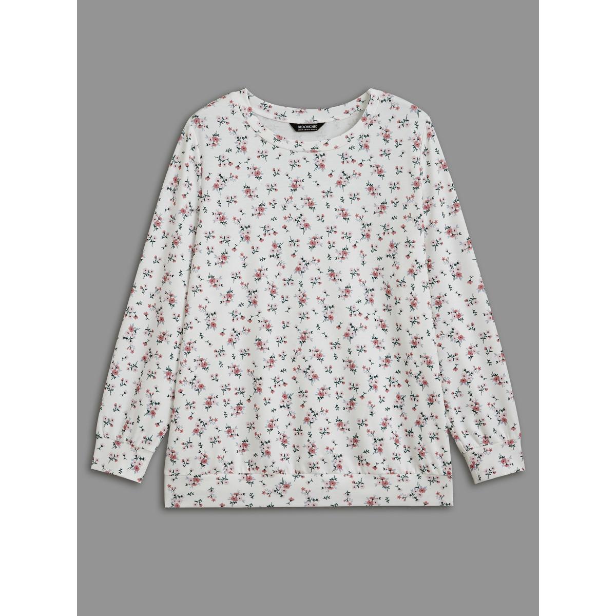 Plus Size Ditsy Floral Round Neck Sweatshirt Women Multicolor Casual Contrast Loose Round Neck Everyday Sweatshirts BloomChic 30/6X Product Image