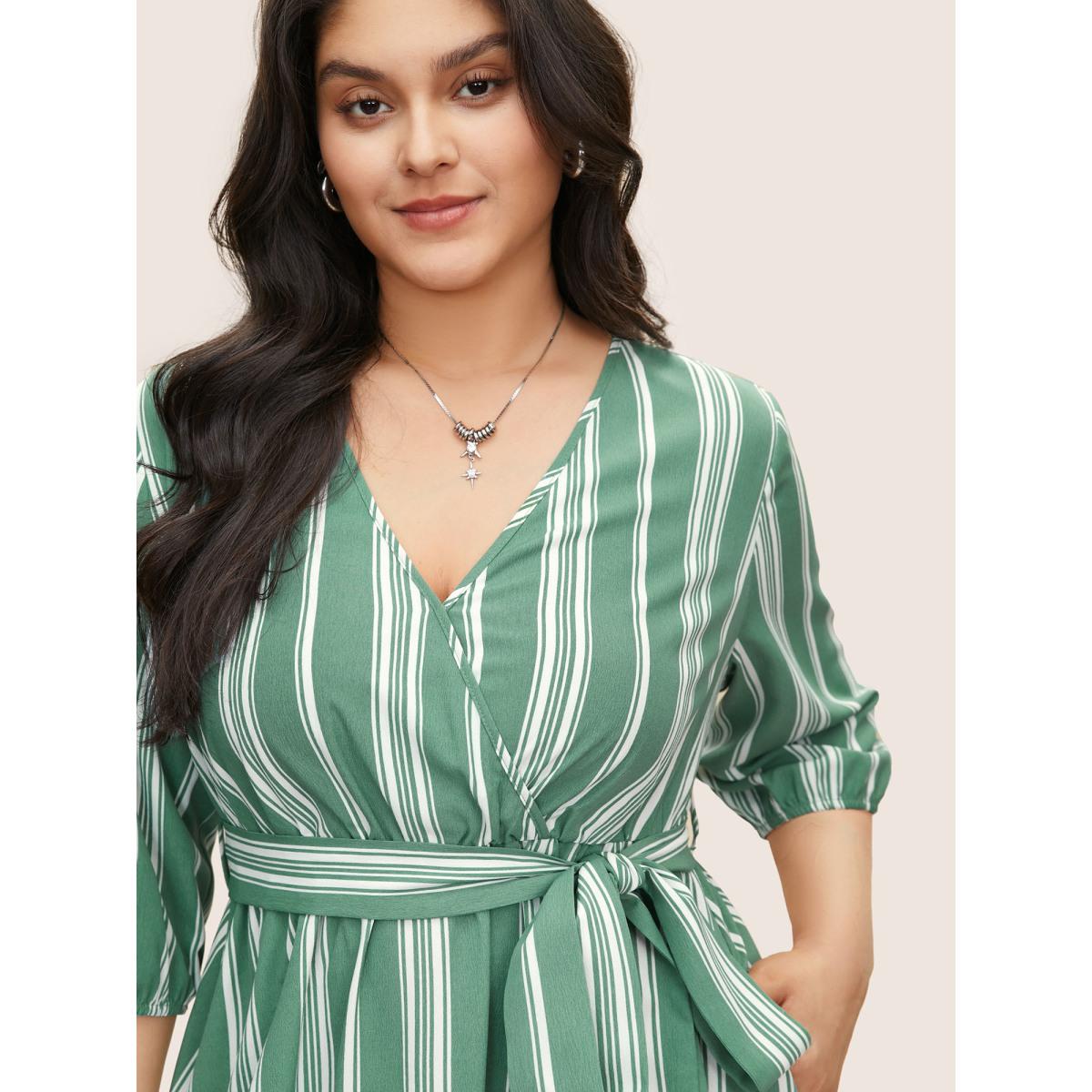 Plus Size Striped Elastic Waist Belted Wrap Dress Mint Women At the Office Non Overlap Collar Elbow-length sleeve Curvy Midi Dress BloomChic 14-16/1X Product Image