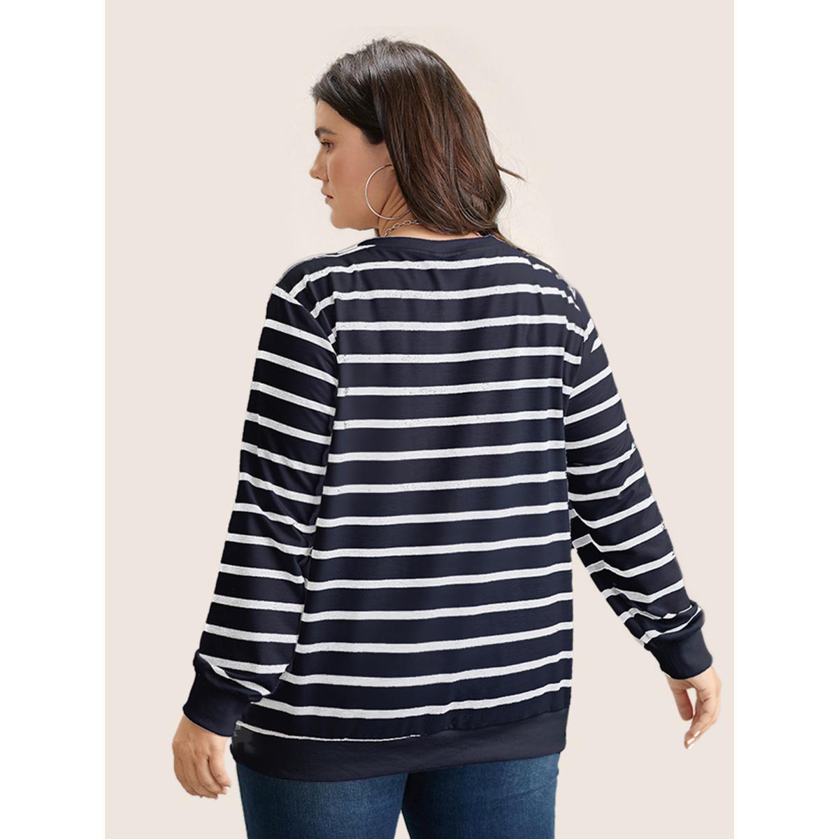 Plus Size Rib Knit Striped Round Neck Sweatshirt Women Blue Casual Non Round Neck Everyday Sweatshirts BloomChic 30/6X Product Image