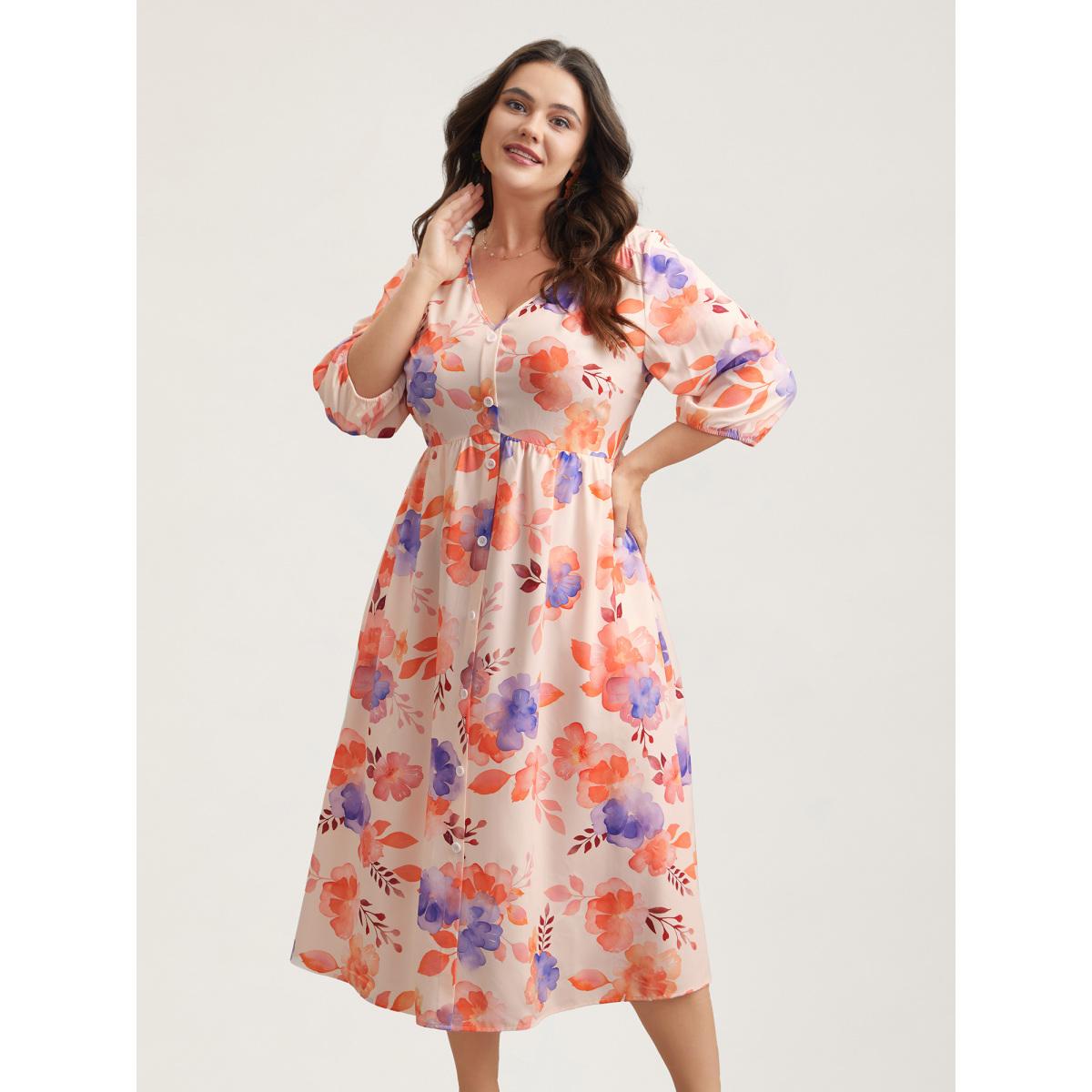 Plus Size Floral Fusion Front-Placket Midi Dress Blush Women Elegant Button V-neck Elbow-length sleeve Curvy BloomChic 22-24/3X Product Image