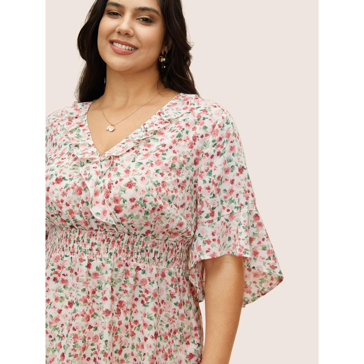 Plus Size Watermelon Ditsy Floral Overlap Collar Ruffles Shirred Blouse Women Elegant Half Sleeve Overlap Collar Everyday Blouses BloomChic 14-16/1X Product Image