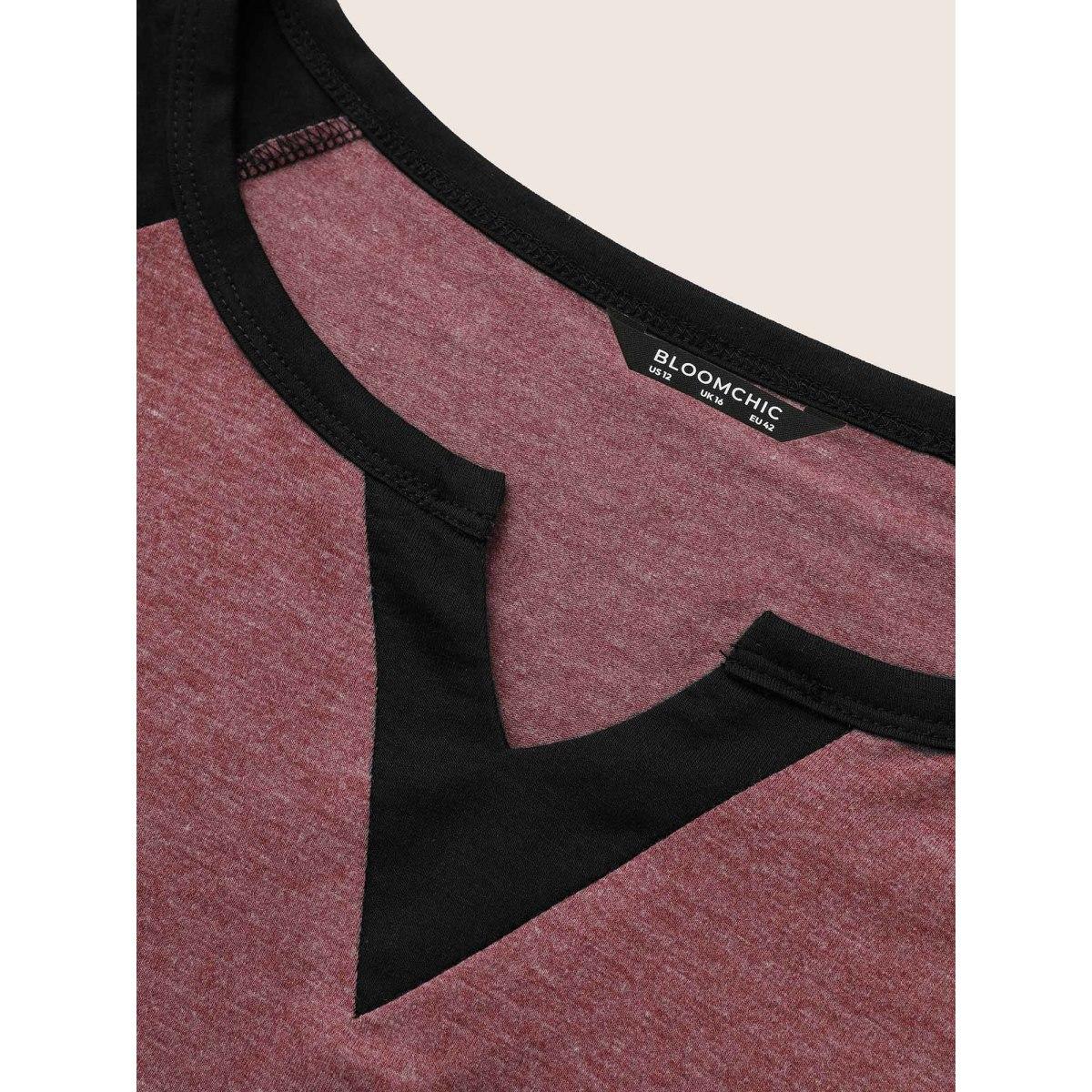Plus Size Colorblock Contrast Notched Raglan Sleeve T-shirt Burgundy Women Leisure Plain Casual T-shirts BloomChic 10/M Product Image