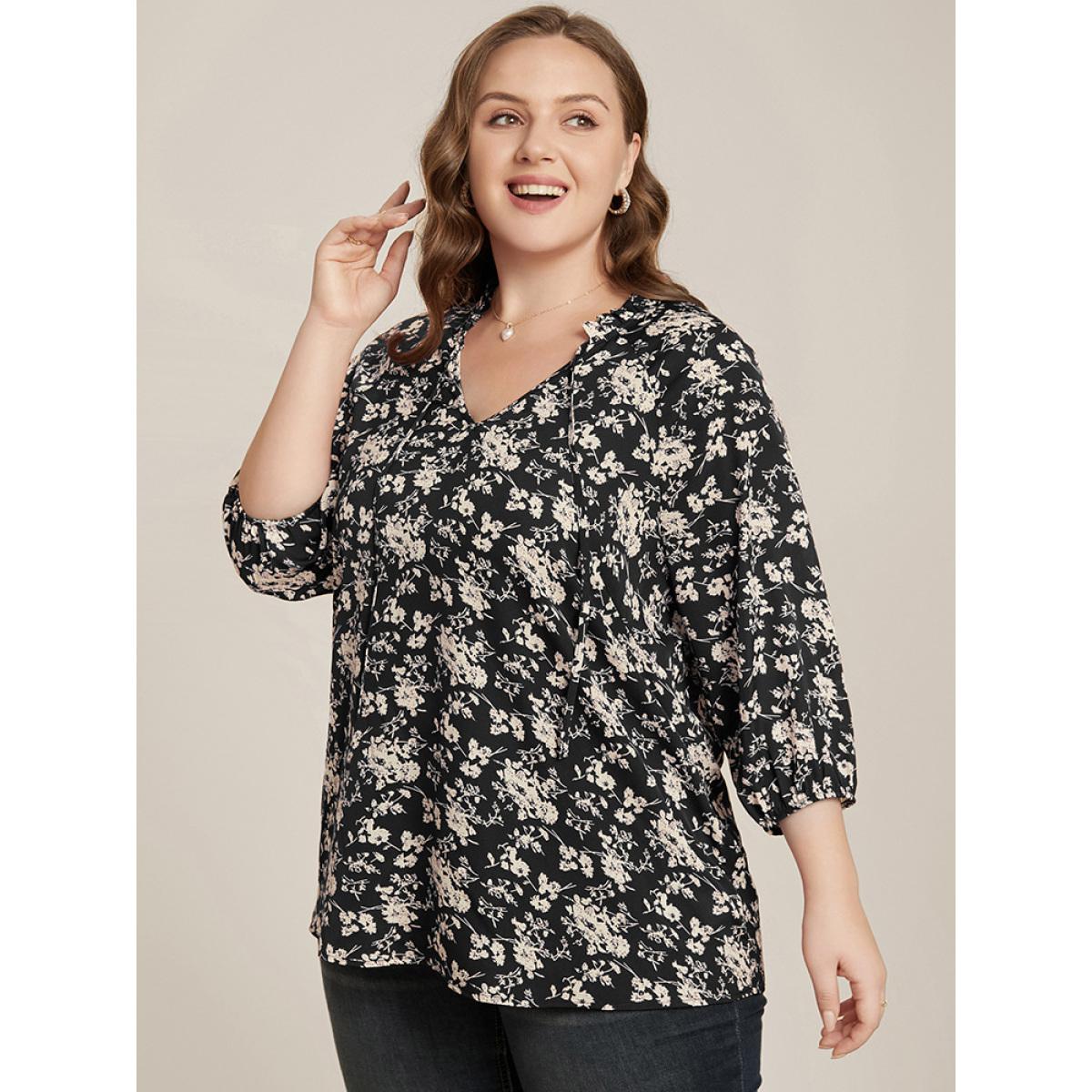 Plus Size Black Floral Print Lantern Sleeve Tie V Neck Blouse Women Elegant Elbow-length sleeve V-neck Dailywear Blouses BloomChic 14-16/1X Product Image