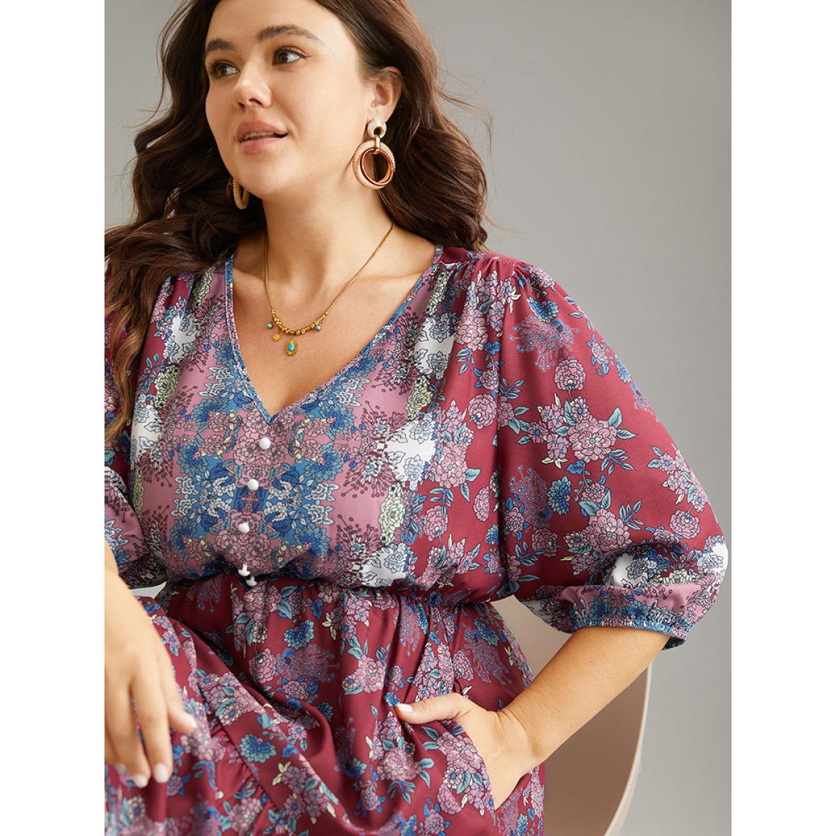 Plus Size Boho Print Button Detail Ruffle Layered Hem Dress RedViolet Women Resort Elastic cuffs V-neck Elbow-length sleeve Curvy Midi Dress BloomChic 22-24/3X Product Image