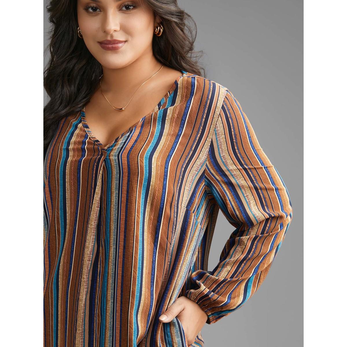 Plus Size Multicolor Contrast Striped Pocket Lantern Sleeve Blouse Women Elegant Extra Long Sleeve V-neck Everyday Blouses BloomChic 10/M Product Image
