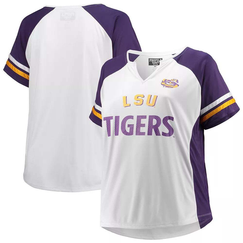Women's White LSU Tigers Plus Size Stripe Raglan Notch Neck T-Shirt, Size: 3XL Product Image